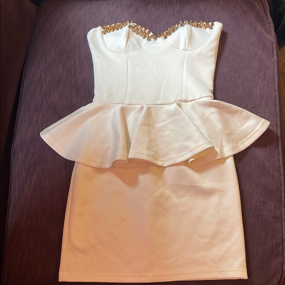 White Peplum Dress with Gold Studs